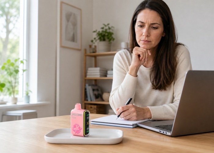 Adult observing a pink Geek Bar Pulse placed on a ceramic tray