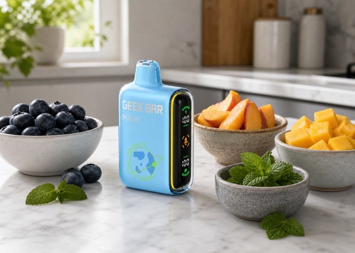 Blue Geek Bar Pulse beside fruit and mint on an adult kitchen counter