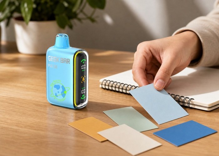 Adult comparing flavor color cards beside a blue Geek Bar Pulse