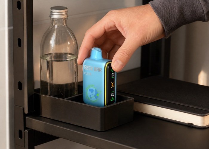 Blue Geek Bar Pulse stored on a tray with water after flavor selection
