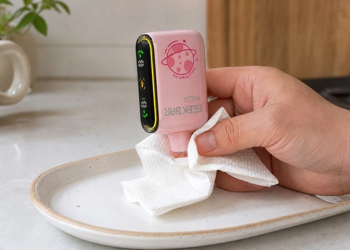 Adult wiping only the exterior mouthpiece of a pink Geek Bar Pulse with a dry tissue