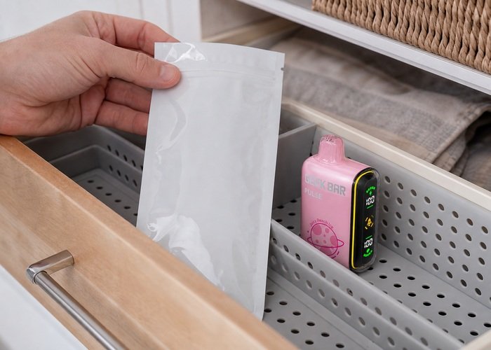 Pink Geek Bar Pulse stored upright with a plain return pouch after repeated spitback