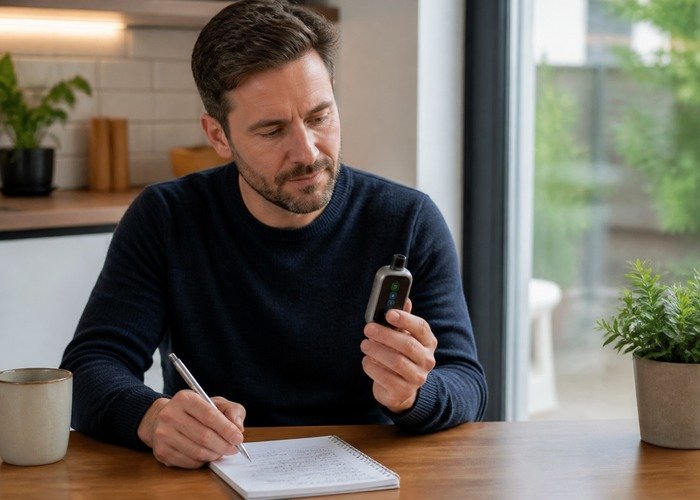 Adult safely examining an intact Geek Bar Pulse in a practical home setting