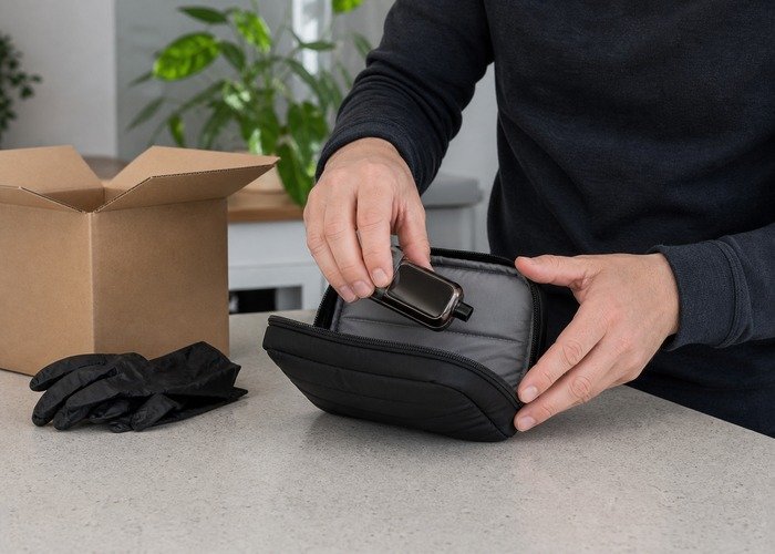 Adult preparing an intact Geek Bar Pulse for support or safe storage