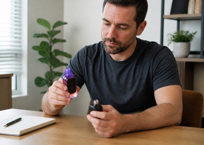 Adult safely examining an intact Geek Bar Pulse in a practical home setting