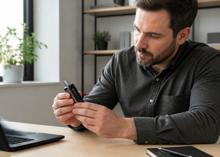 Adult safely examining an intact Geek Bar Pulse in a practical home setting