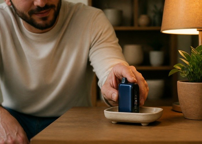 Adult preparing an intact Geek Bar Pulse for support or safe storage