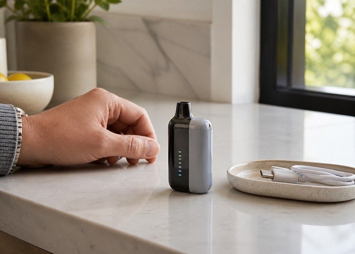 Adult safely examining an intact Geek Bar Pulse in a practical home setting
