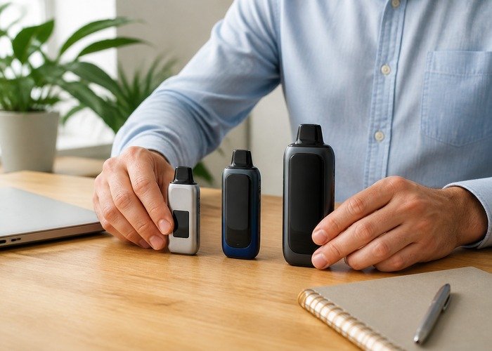 Adult comparing intact Geek Bar Pulse series devices in a safe home setting