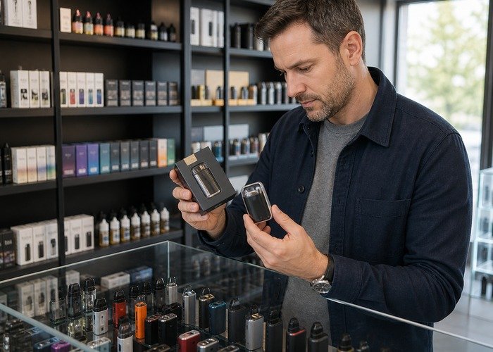 Adult buyer inspecting a sealed smart-screen disposable vape package at a retail counter