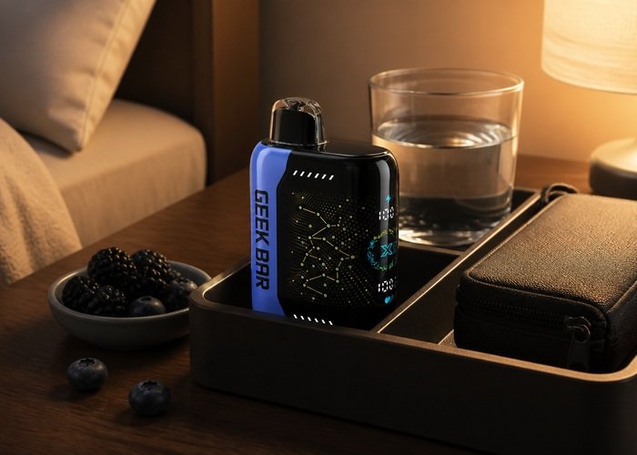 Geek Bar Pulse X Blackberry Blueberry stored upright beside a plain pouch and water