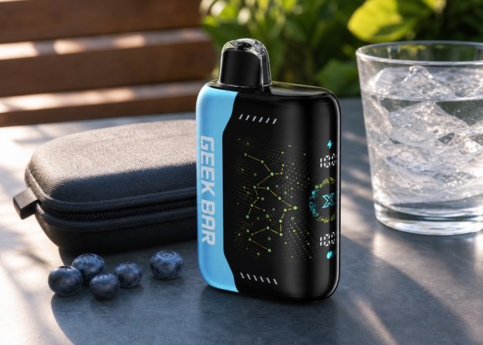 Geek Bar Pulse X Blue Razz Ice stored upright beside a plain pouch and ice water