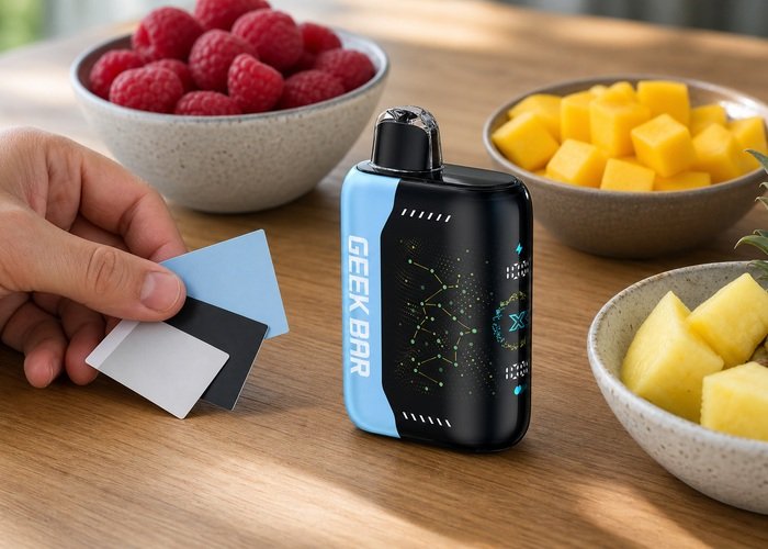 Adult comparing flavor color cards beside a blue Geek Bar Pulse X