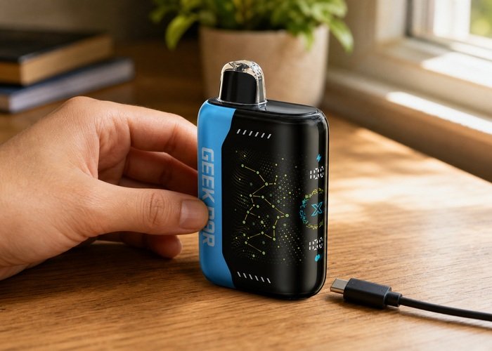Adult inspecting an unplugged USB-C cable beside a Geek Bar Pulse X