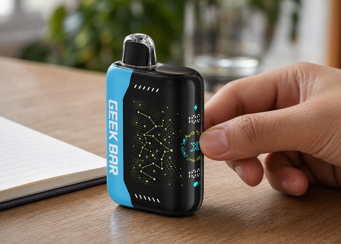 Adult checking the exterior mode control on a Geek Bar Pulse X