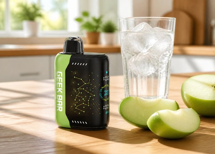 Geek Bar Pulse X Sour Apple Ice beside green apples and ice water on an adult kitchen table