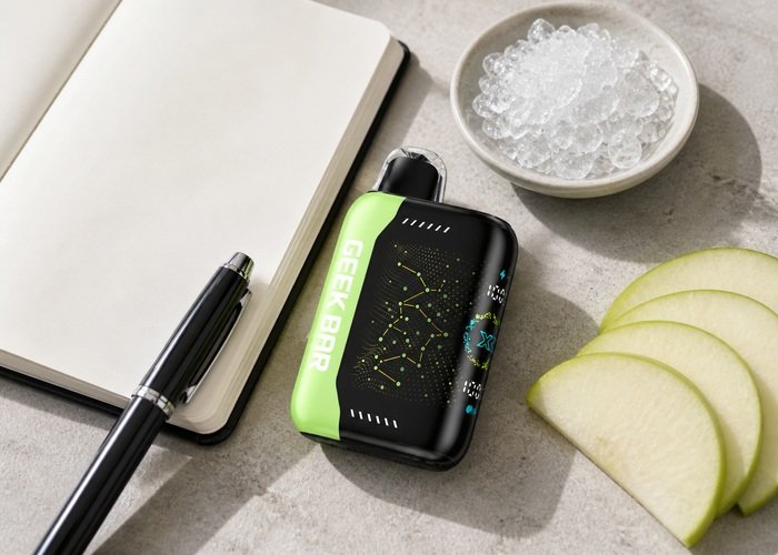 Geek Bar Pulse X Sour Apple Ice beside a blank tasting notebook and sliced green apple