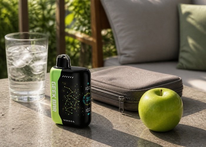 Geek Bar Pulse X Sour Apple Ice stored upright beside a plain pouch and ice water