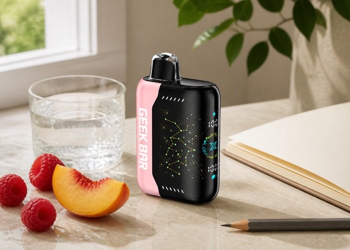 Geek Bar Pulse X White Peach Raspberry beside a blank tasting notebook, peach and raspberries