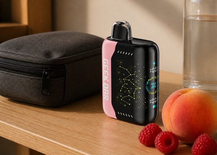 Geek Bar Pulse X White Peach Raspberry stored upright beside a plain pouch and water