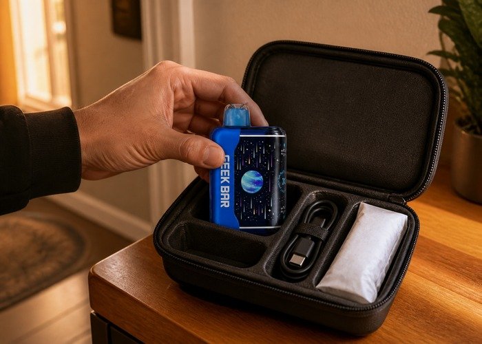 Adult storing intact Geek Bar Pulse X2 devices safely after comparison