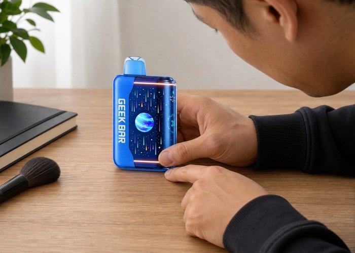 Adult inspecting the airflow slider on a blue Geek Bar Pulse X2 at a clean desk