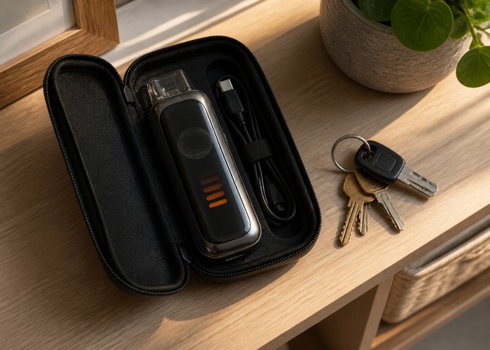 Adult storing intact Geek Bar Pulse X2 devices safely after comparison