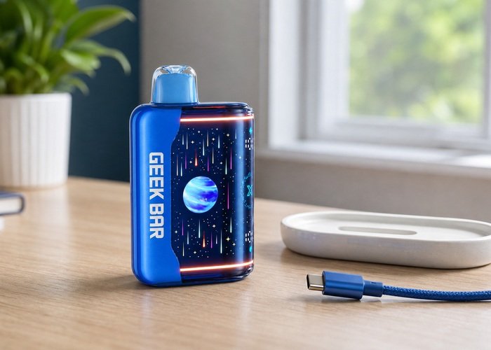 Geek Bar Pulse X2 beside a USB-C cable on a clean desk