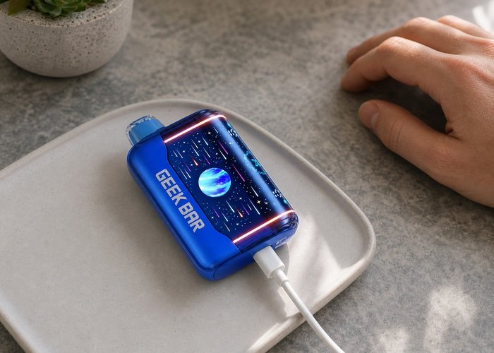 Geek Bar Pulse X2 connected to USB-C on a hard ceramic tray
