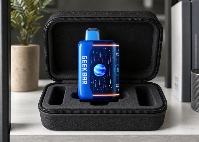 Adult storing intact Geek Bar Pulse X2 devices safely after comparison
