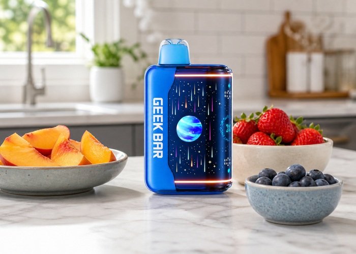 Blue Geek Bar Pulse X2 beside fruit on a clean adult kitchen counter