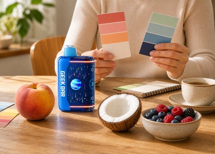 Adult comparing flavor color cards beside a blue Geek Bar Pulse X2