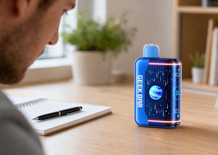Adult comparing intact Geek Bar Pulse X2 devices in a safe home setting