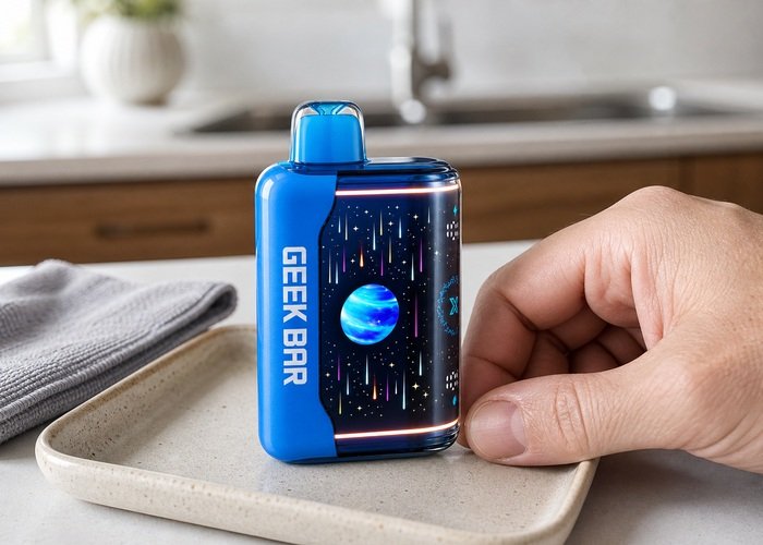 Adult checking the exterior control of a blue Geek Bar Pulse X2 on a ceramic tray