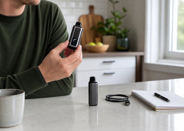 Adult comparing intact Geek Bar Pulse X2 and Pulse X devices in a safe home setting