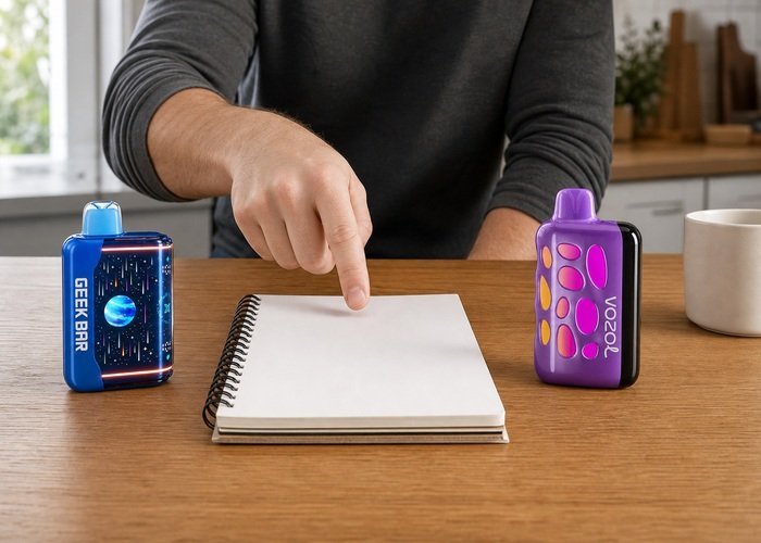 Adult comparing Geek Bar Pulse X2 and VOZOL Rave 50K beside a blank notebook