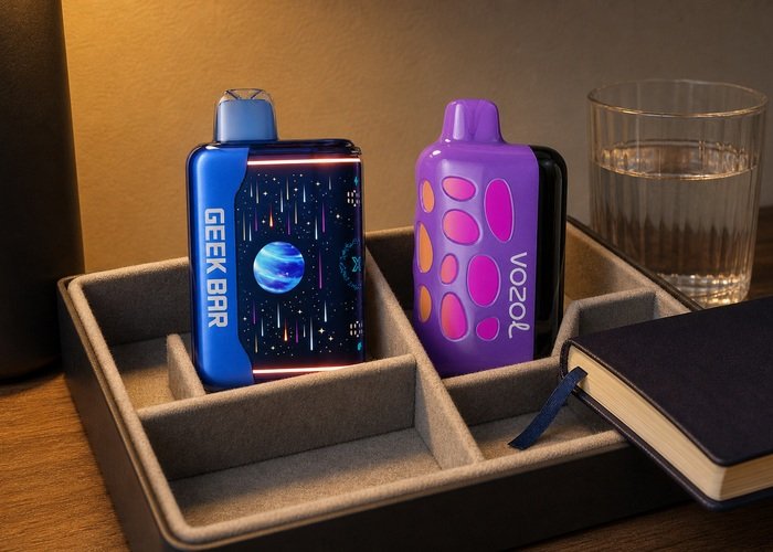 Geek Bar Pulse X2 and VOZOL Rave 50K stored upright in separate organizer compartments
