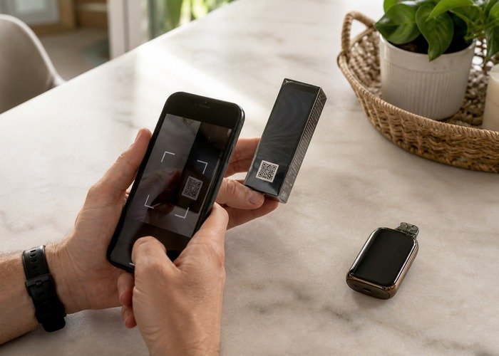 Adult scanning a security QR label on a sealed disposable vape package with a smartphone
