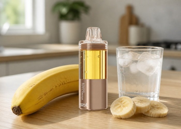 VOZOL Mega 50K Banana Taffy Freeze beside banana slices and ice water on an adult kitchen table
