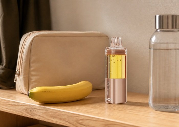 VOZOL Mega 50K Banana Taffy Freeze stored upright beside a plain pouch and water
