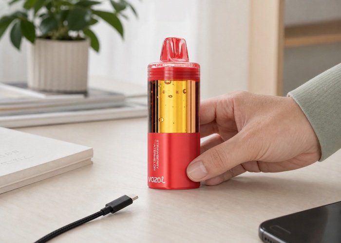 Adult checking an unplugged USB-C cable beside a VOZOL Mega 50K