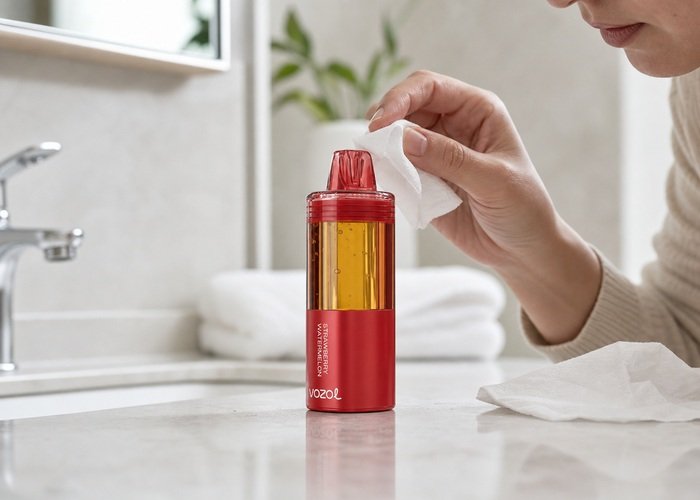 Adult wiping the exterior mouthpiece of a red VOZOL Mega 50K