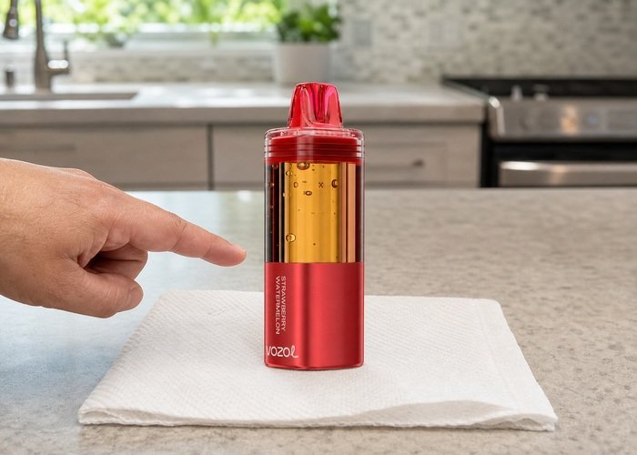 Red VOZOL Mega 50K standing on a dry tissue during a leak check