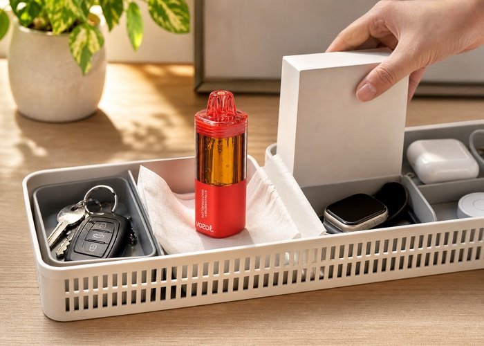 Red VOZOL Mega 50K stored upright in a ventilated organizer with a blank box