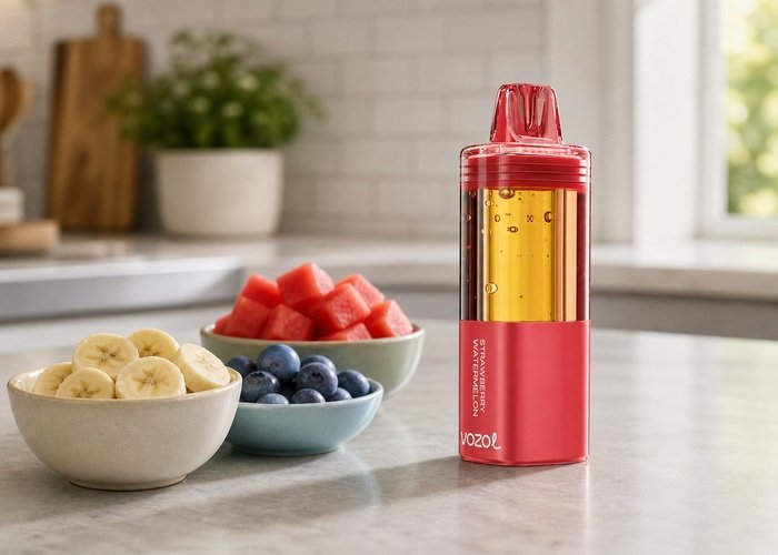 Red VOZOL Mega 50K beside fruit on a clean adult kitchen counter