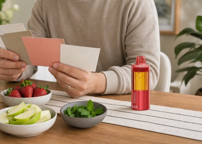 Adult comparing flavor color cards beside a red VOZOL Mega 50K