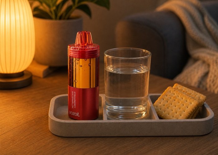 Red VOZOL Mega 50K stored upright on a tray after flavor selection