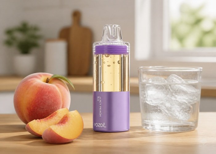 VOZOL Mega 50K Juicy Peach Ice beside ripe peach and ice water on an adult kitchen table