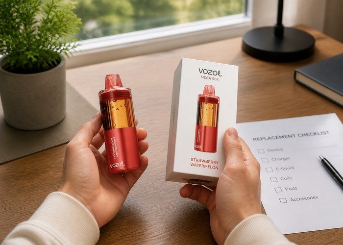 Adult comparing intact VOZOL Mega 50K devices in a safe home setting