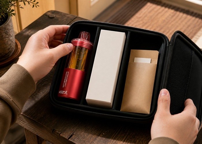 Adult storing intact VOZOL Mega 50K devices safely after comparison